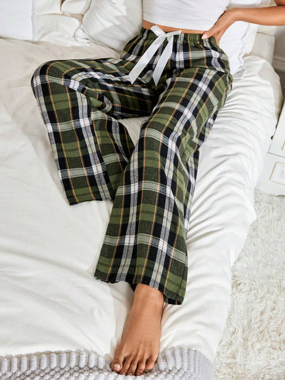 Plaid Print Pajama Pants With Bow Detail