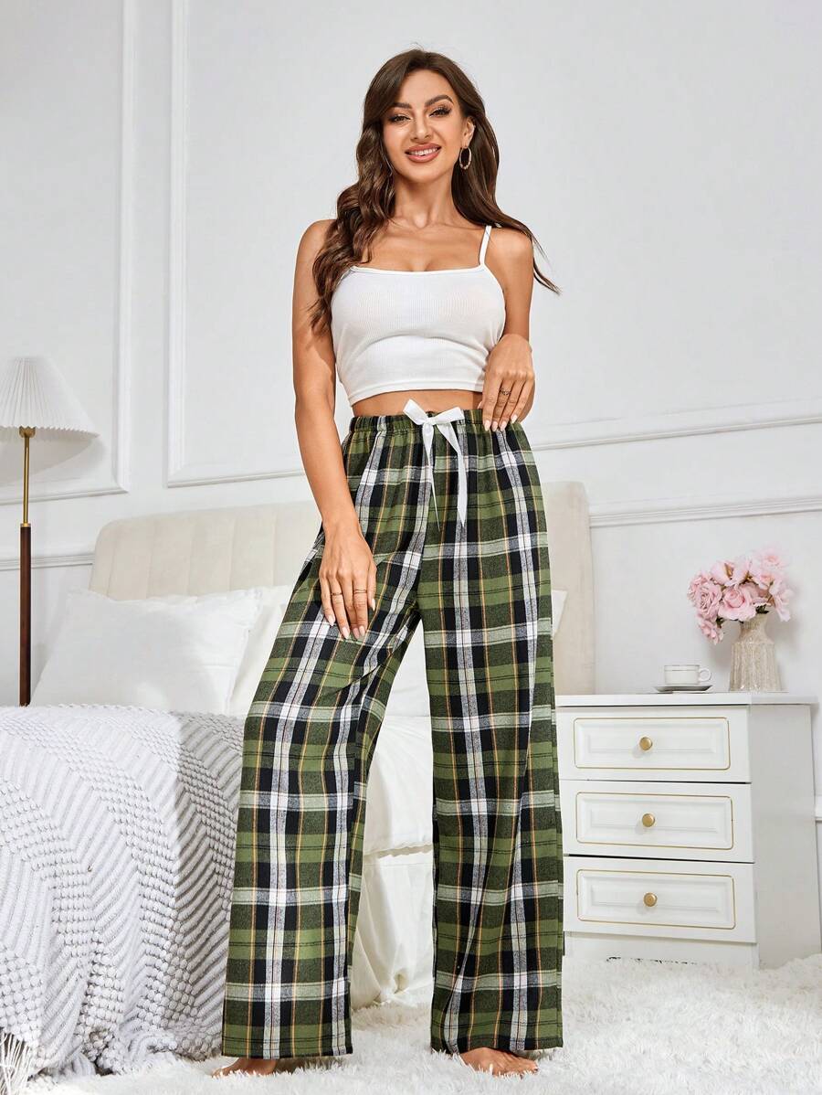 Plaid Print Pajama Pants With Bow Detail