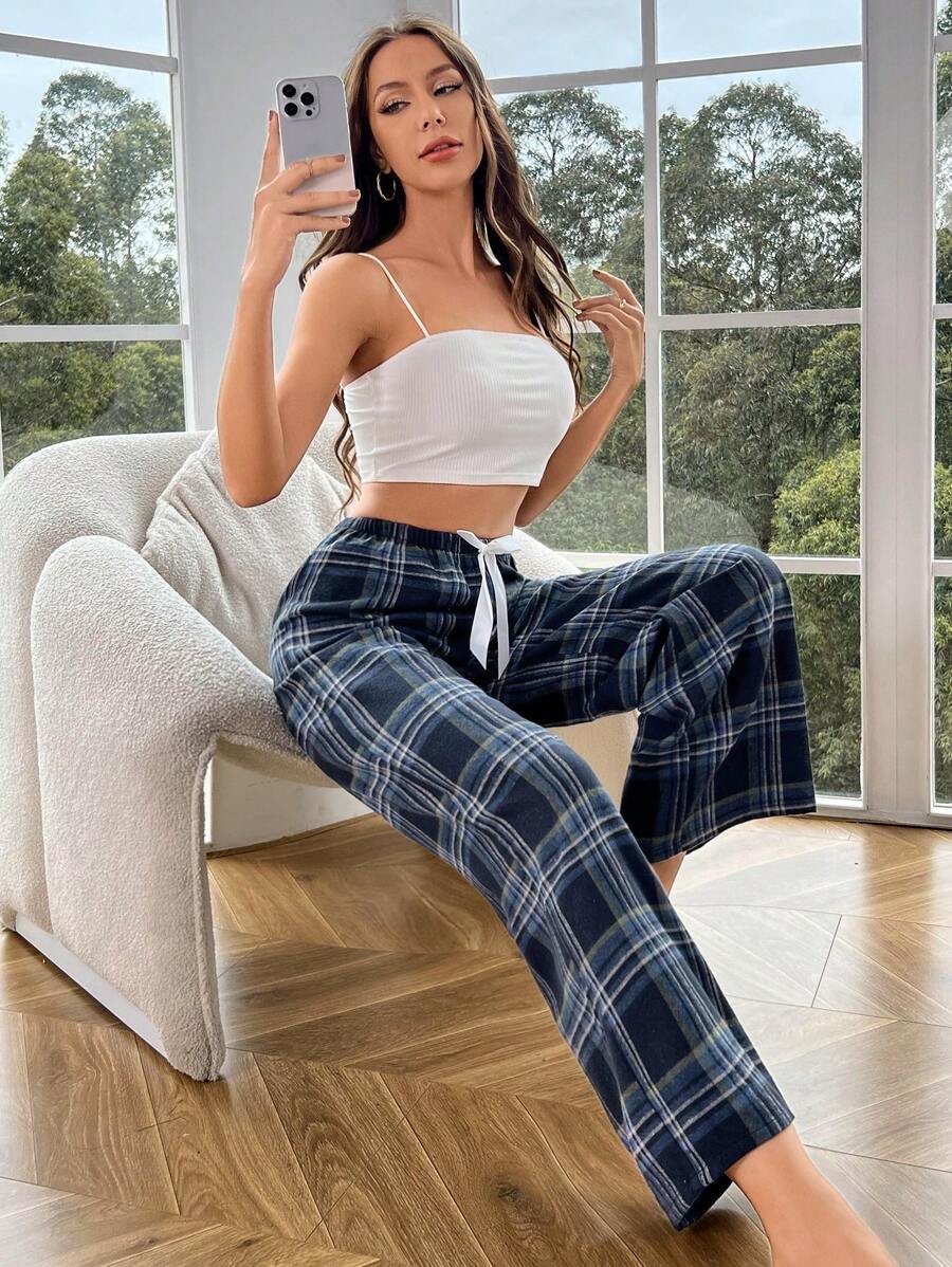 Plaid Print Pajama Pants With Bow Detail