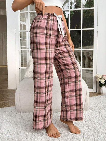 Plaid Print Pajama Pants With Bow Detail