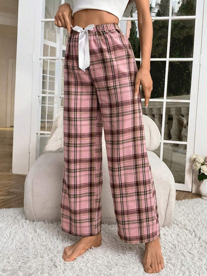 Plaid Print Pajama Pants With Bow Detail