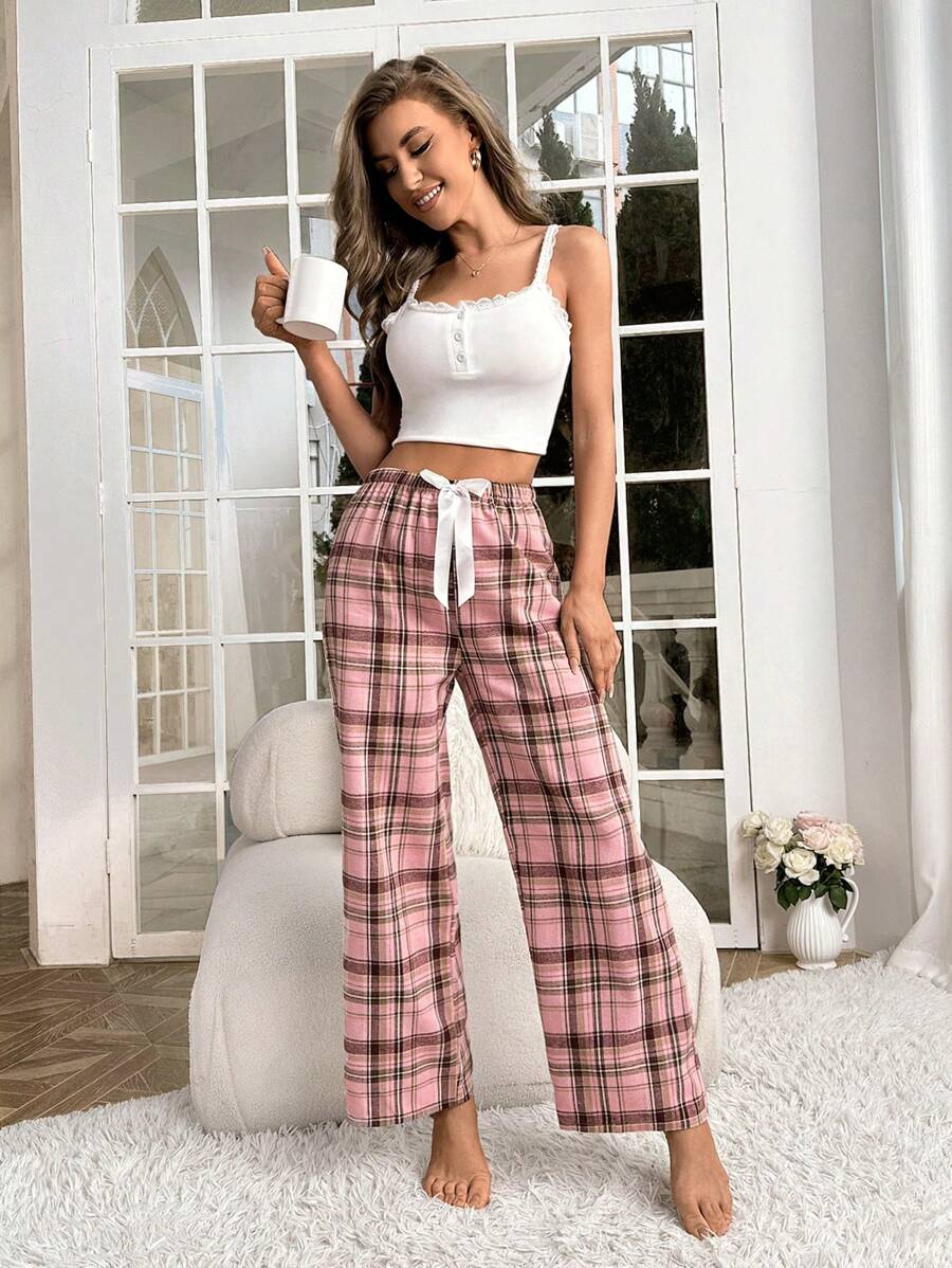 Plaid Print Pajama Pants With Bow Detail