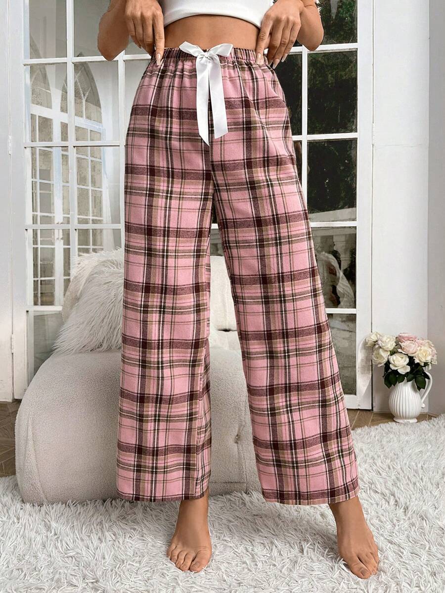 Plaid Print Pajama Pants With Bow Detail