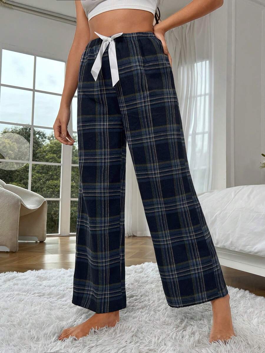 Plaid Print Pajama Pants With Bow Detail