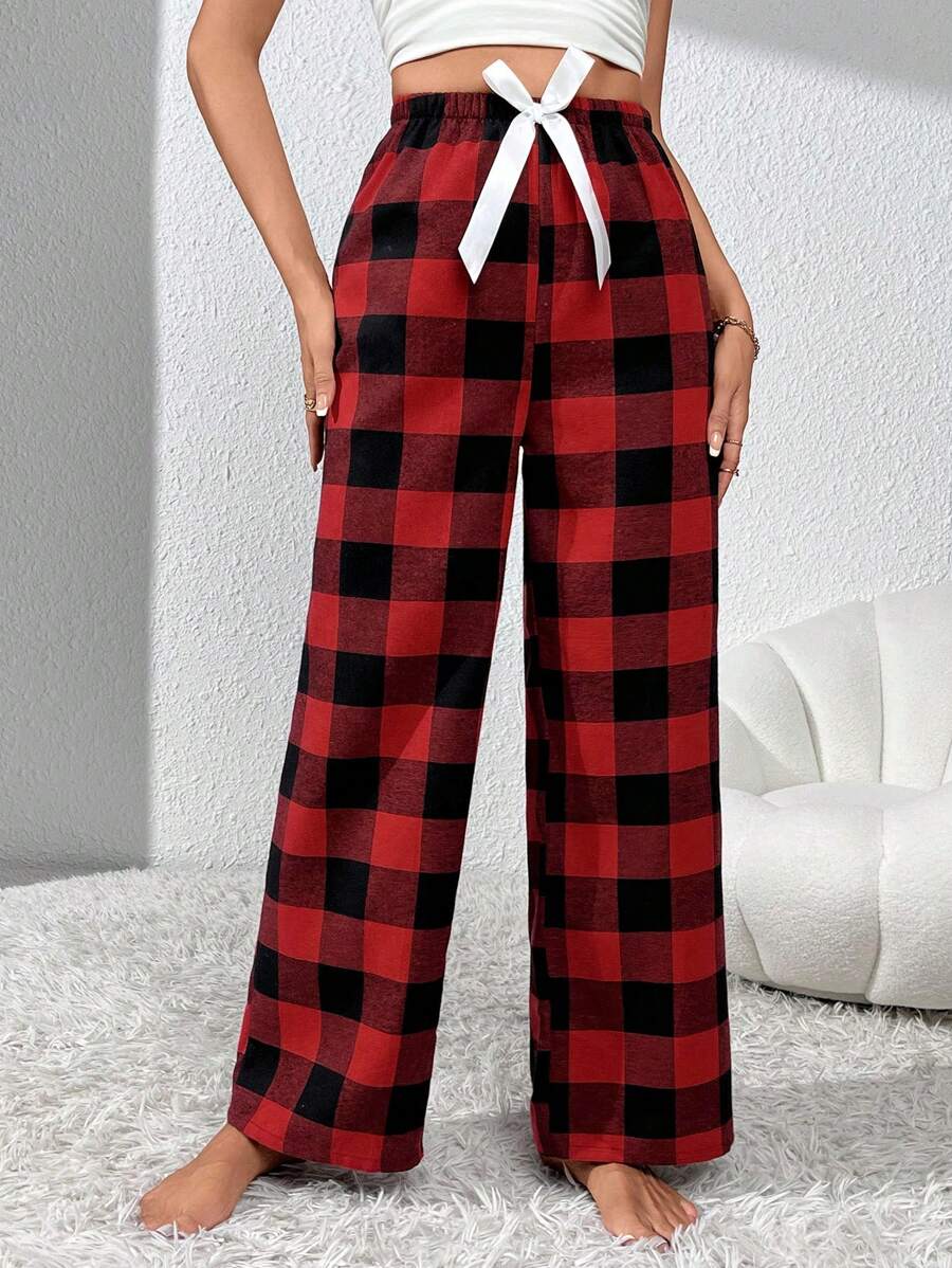 Plaid Pattern Pajama Pants With Front Bow Accent