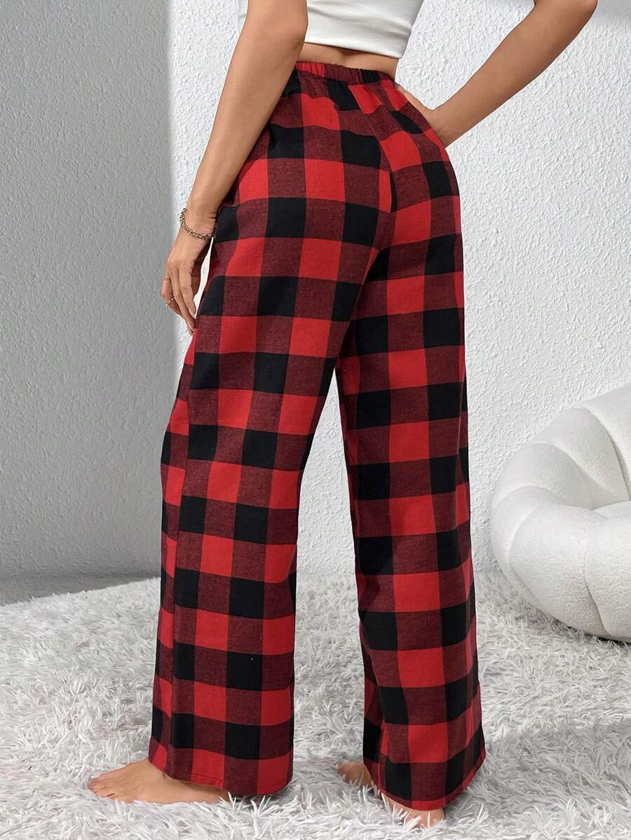 Plaid Pattern Pajama Pants With Front Bow Accent