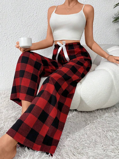 Plaid Pattern Pajama Pants With Front Bow Accent