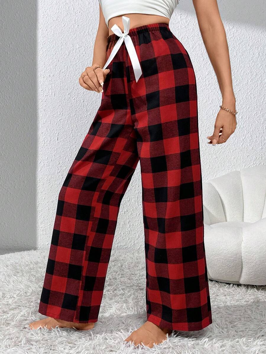 Plaid Pattern Pajama Pants With Front Bow Accent