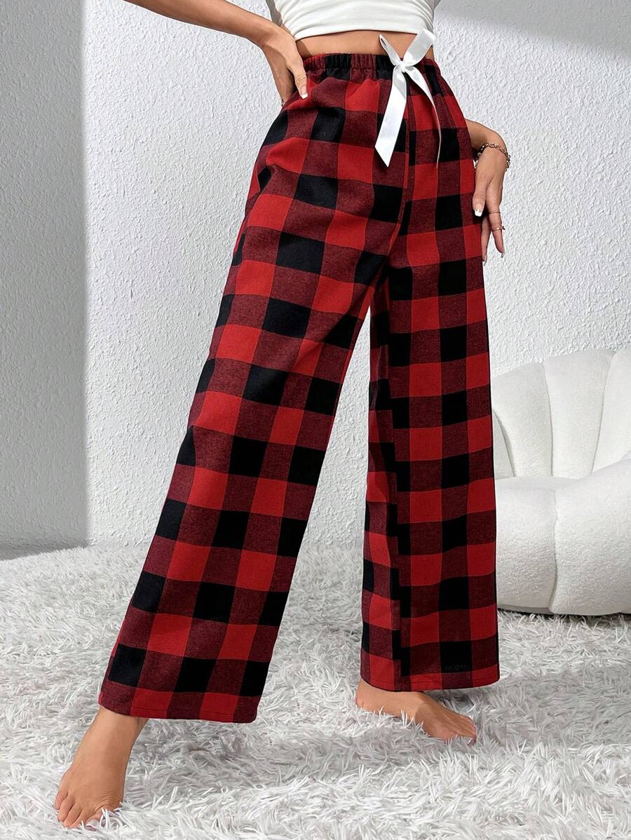 Plaid Pattern Pajama Pants With Front Bow Accent