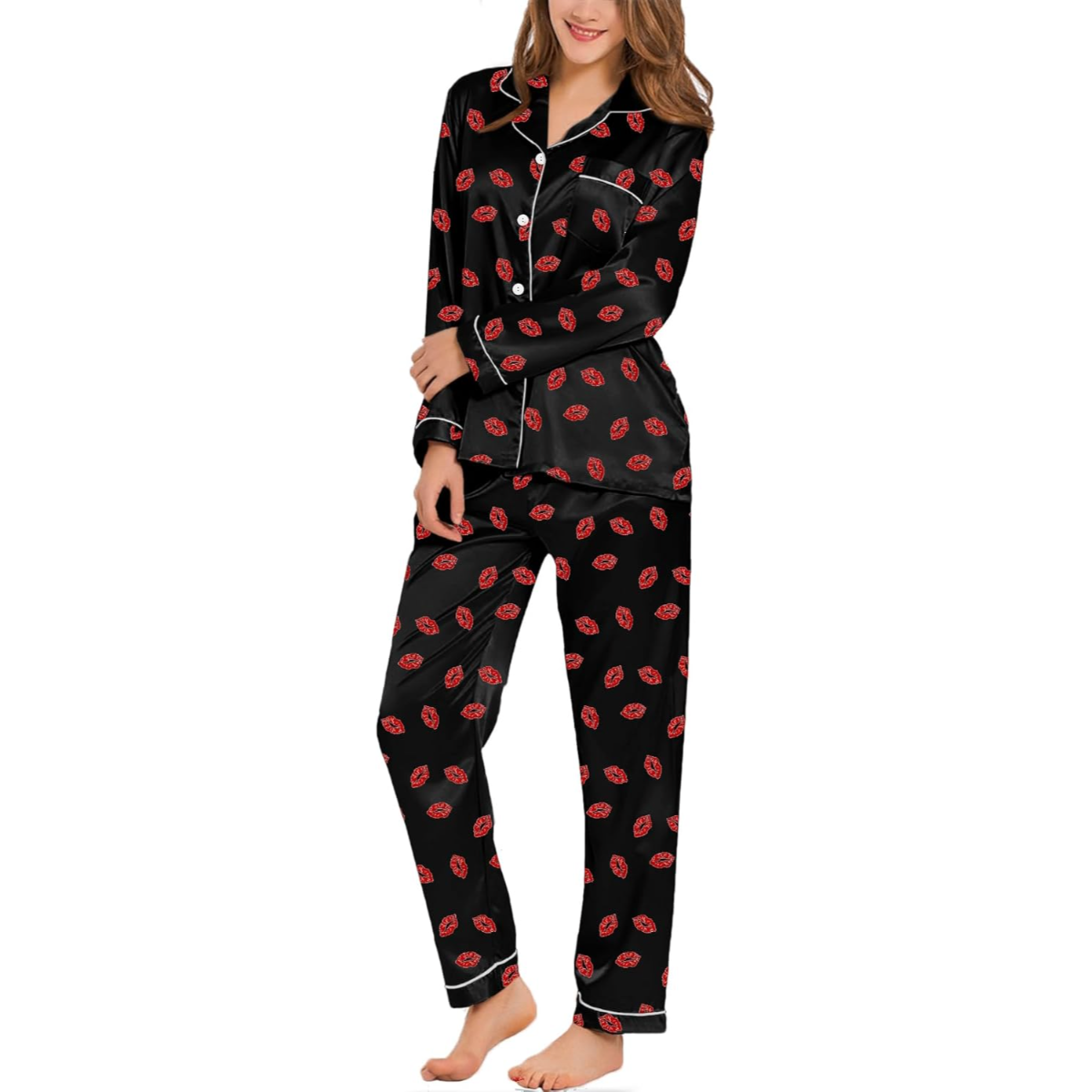 Long Sleeve Satin Pajama Set With Printed Design