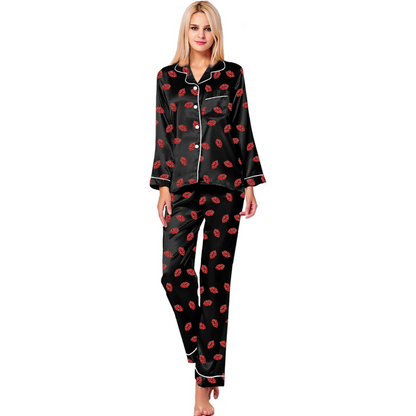 Long Sleeve Satin Pajama Set With Printed Design