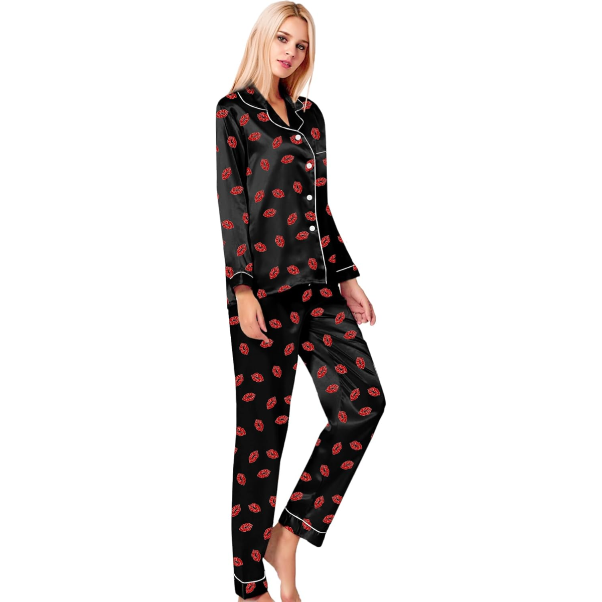 Long Sleeve Satin Pajama Set With Printed Design