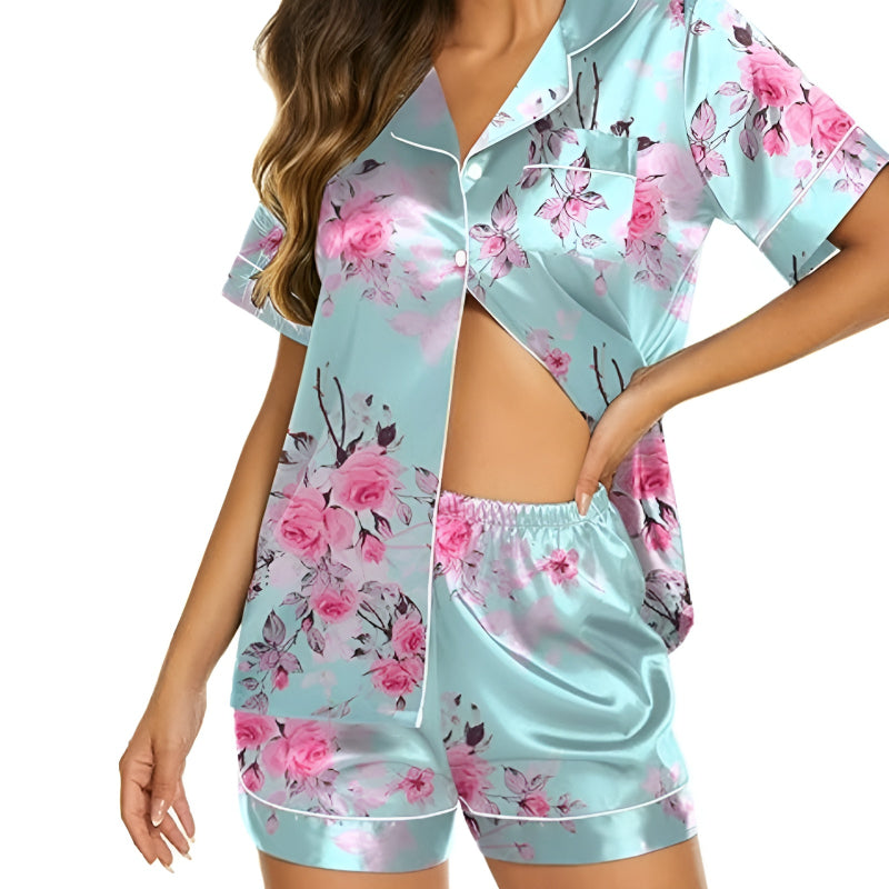 Silky Satin Short Sleeve Button Down Shorts Set