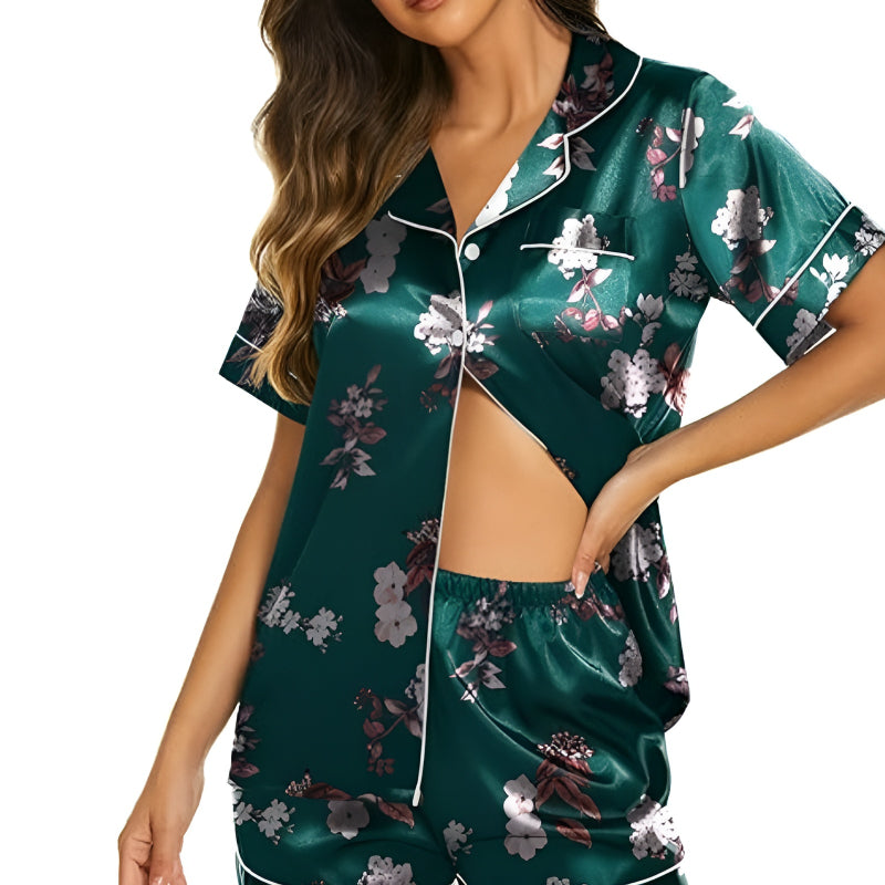 Silky Satin Short Sleeve Button Down Shorts Set