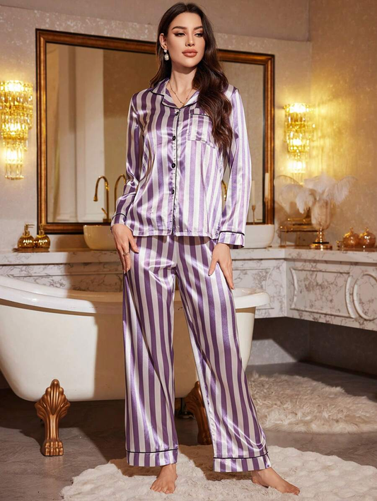 Striped Satin Pajama Set With Contrast Piping