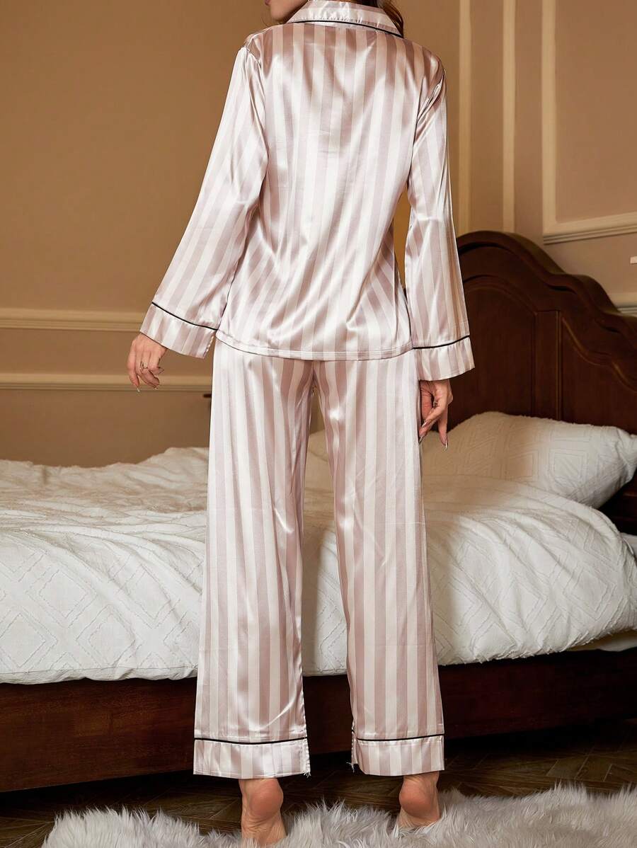 Striped Satin Pajama Set With Contrast Piping