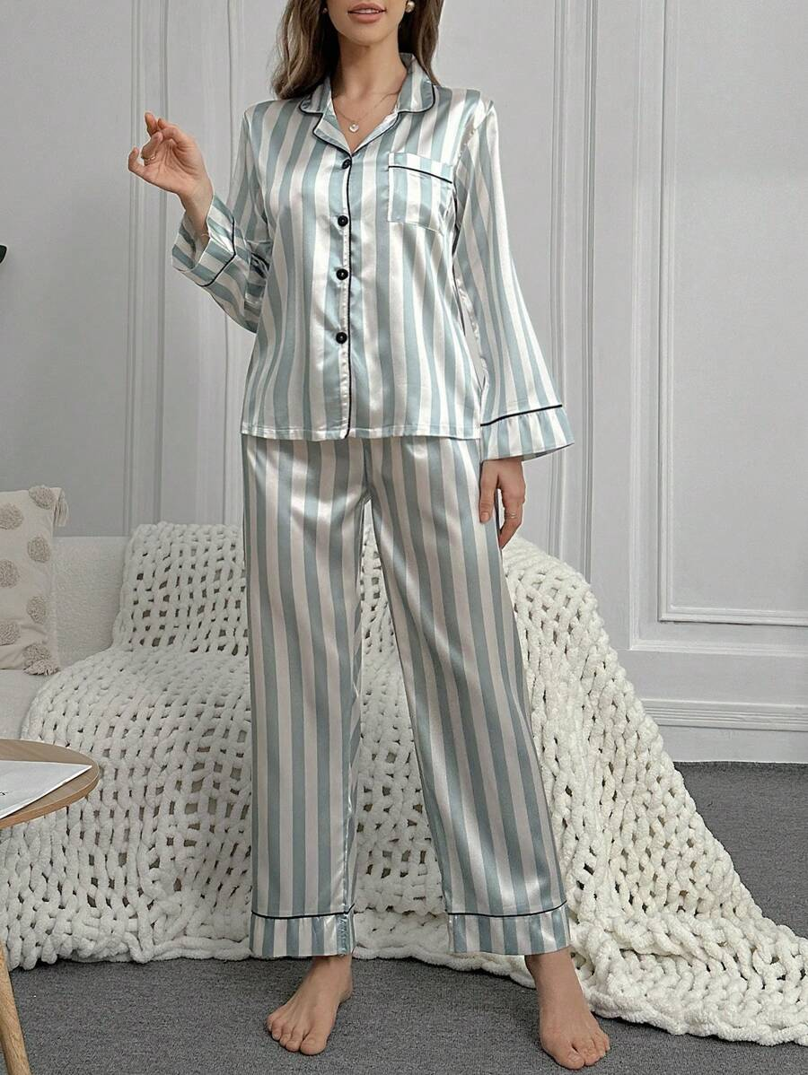 Striped Satin Pajama Set With Contrast Piping