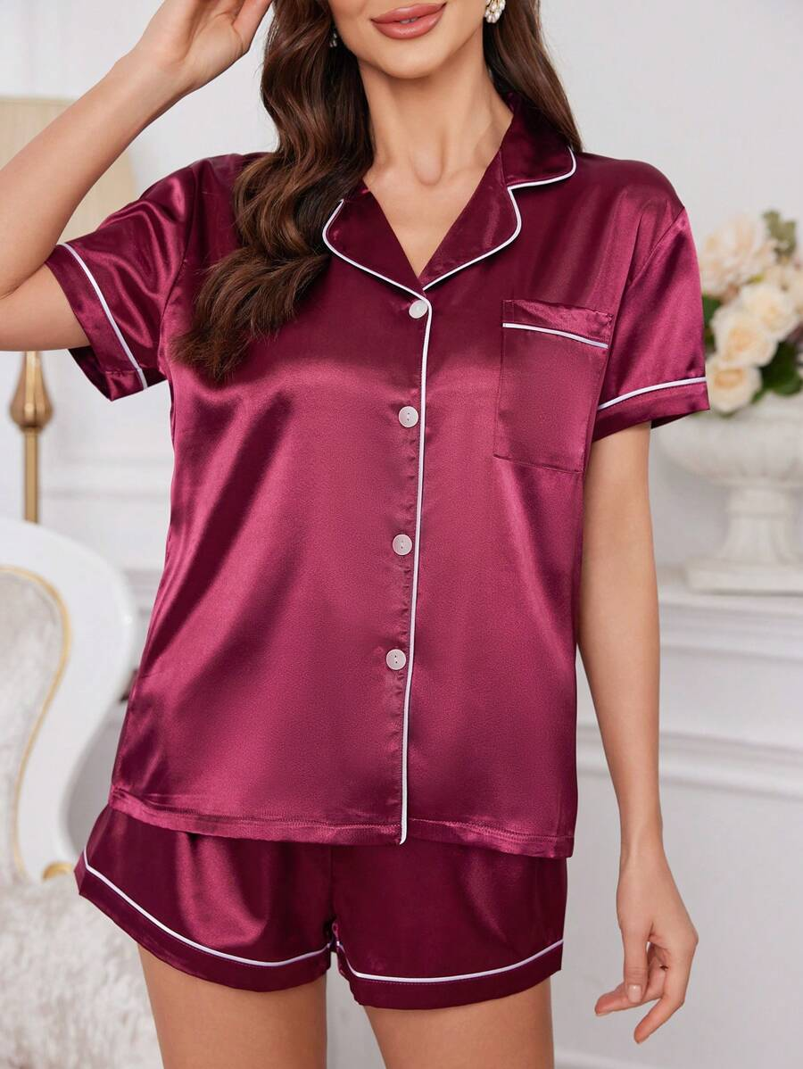 Satin Pajama Set With Contrast Piping And Button Front Top