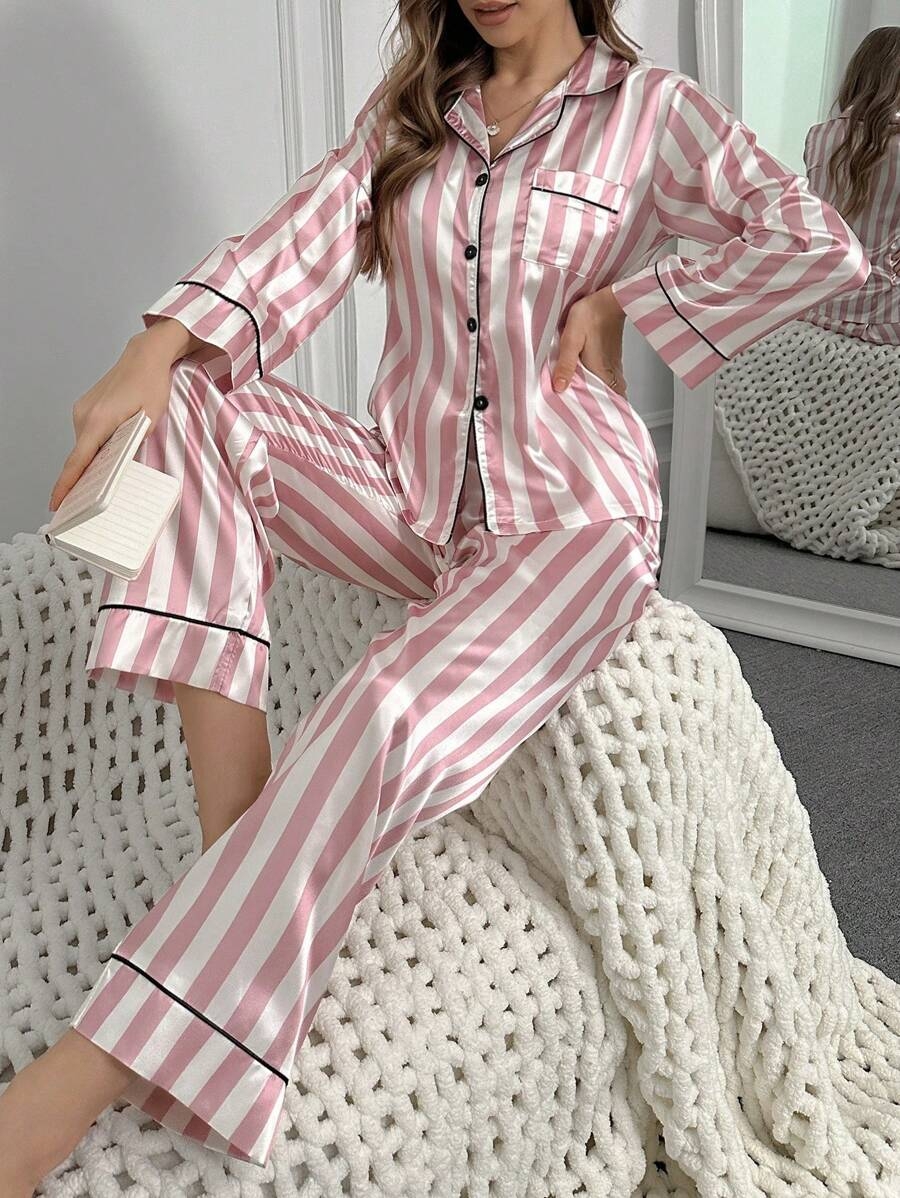 Striped Satin Pajama Set With Contrast Piping