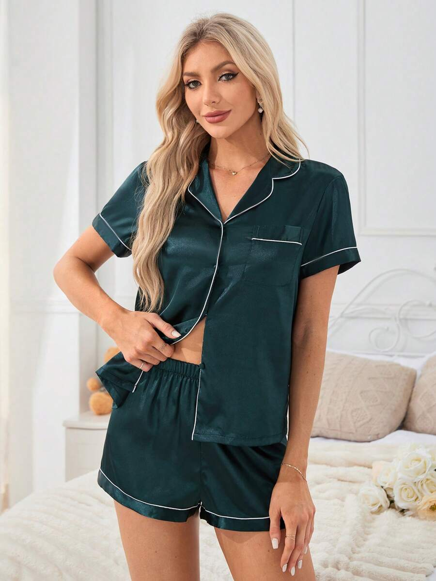 Satin Pajama Set With Contrast Piping And Button Front Top