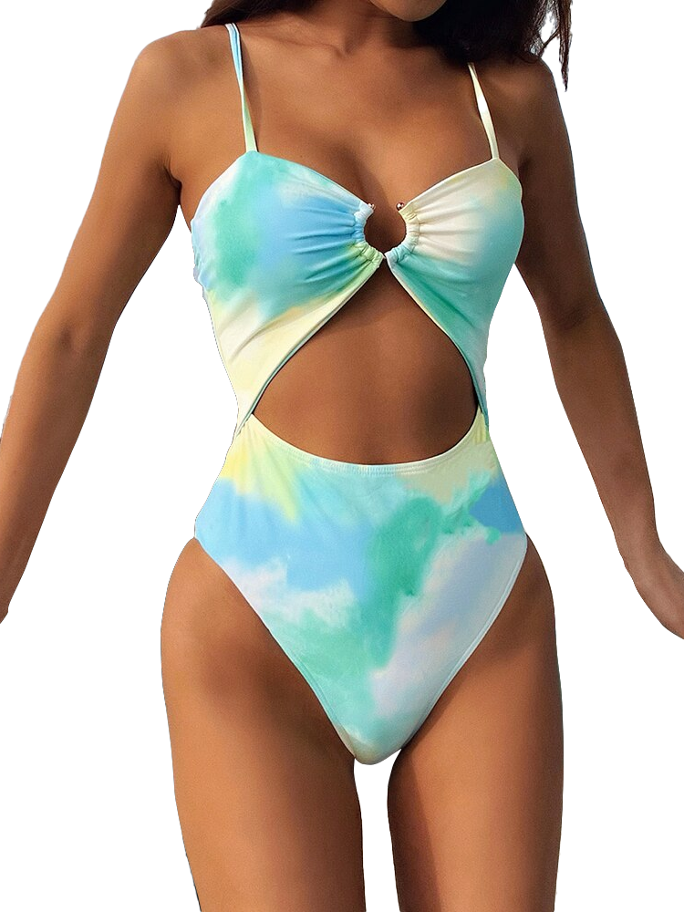 Tie-Dye Print Hollow One Piece Swimsuit