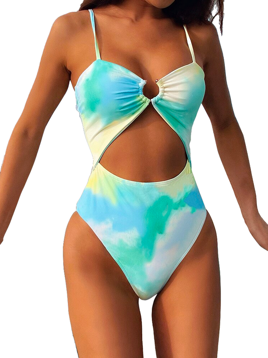 Tie-Dye Print Hollow One Piece Swimsuit