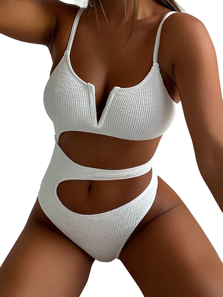 White Hollow Out One Piece Swimsuit