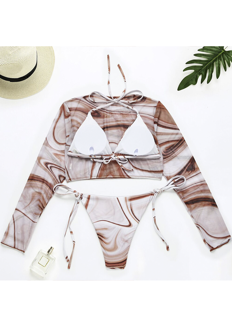 Long Sleeve Tie-Dye Print 3 Pieces Bikini