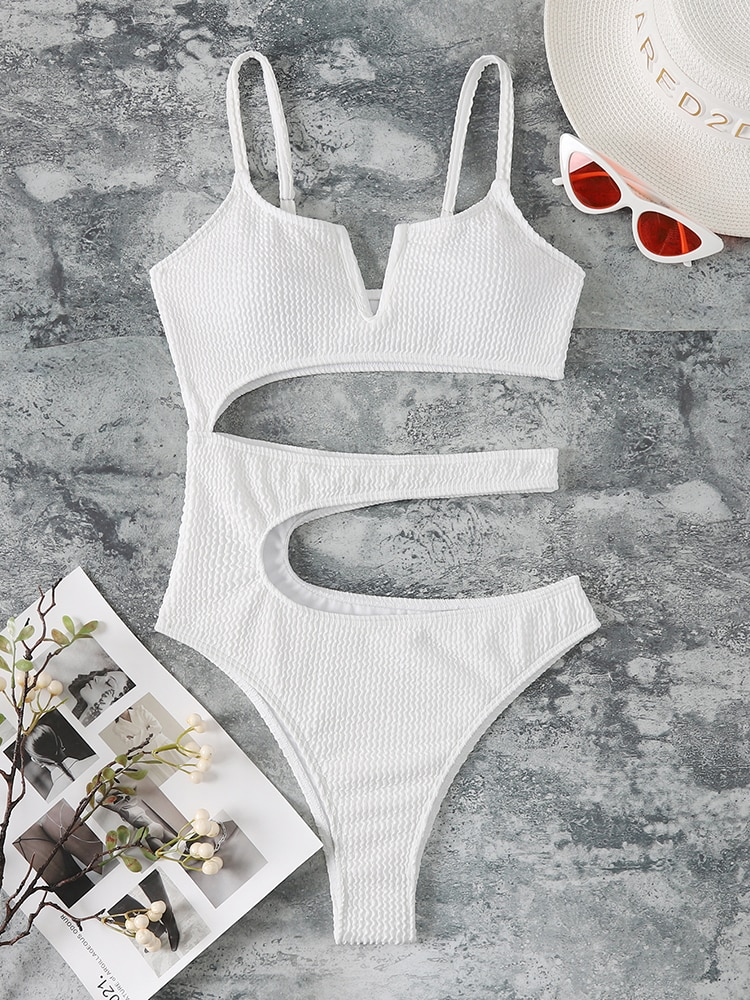 White Hollow Out One Piece Swimsuit