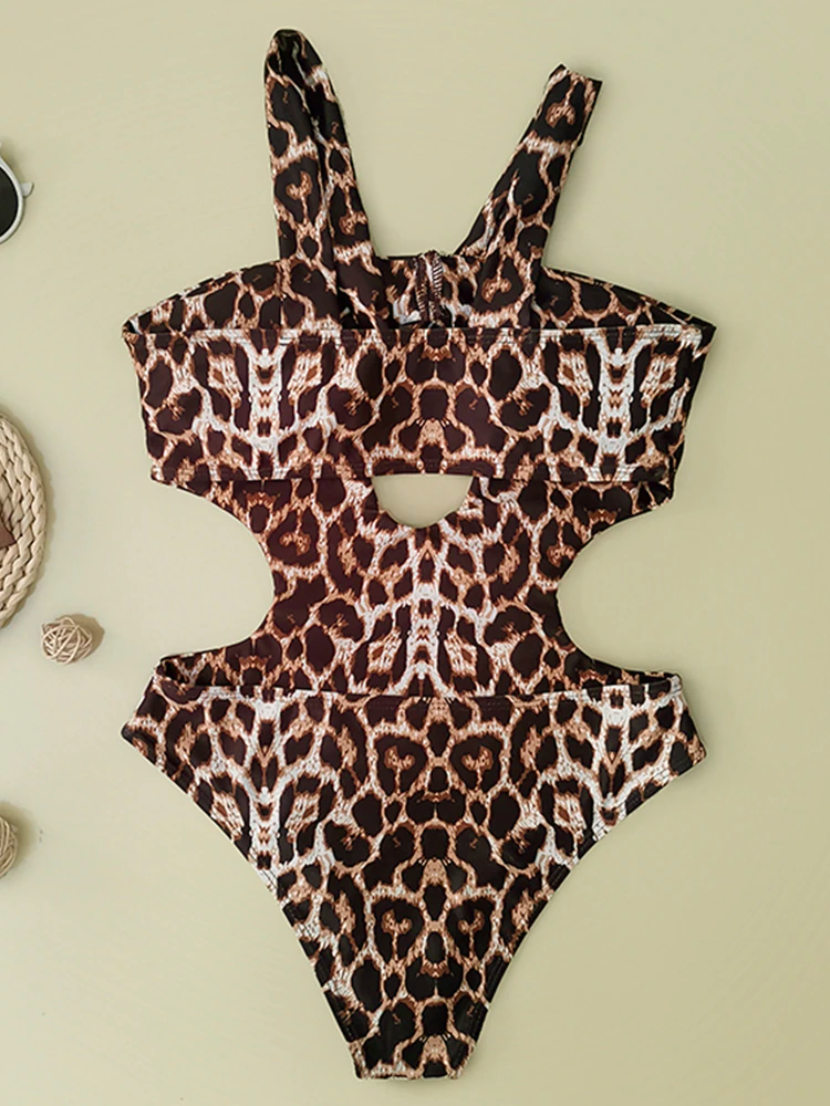 Leopard Print Halter One Piece Swimwear