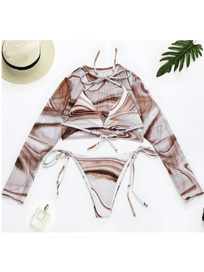 Long Sleeve Tie-Dye Print 3 Pieces Bikini