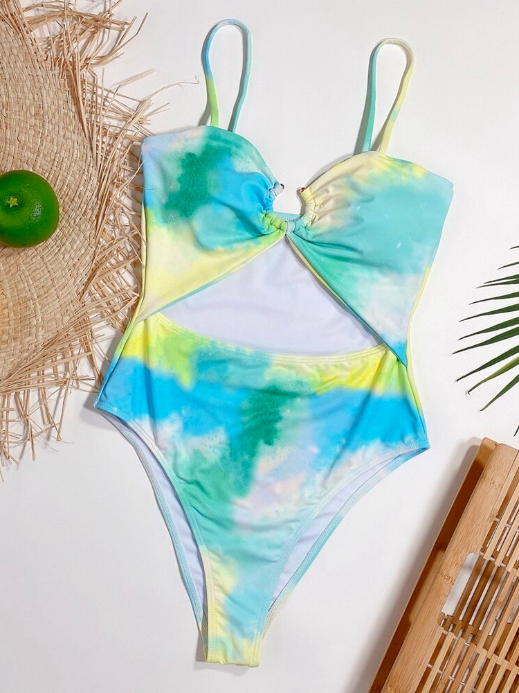 Tie-Dye Print Hollow One Piece Swimsuit