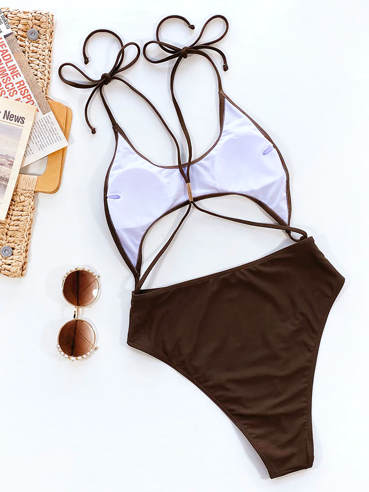 Brown Hollow Out One Piece Swimsuit