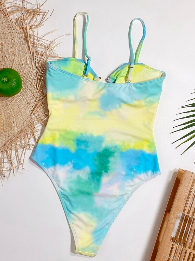 Tie-Dye Print Hollow One Piece Swimsuit