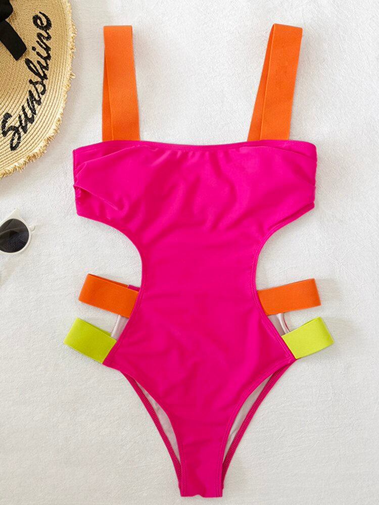 Belt Splicing One Piece Swimwear