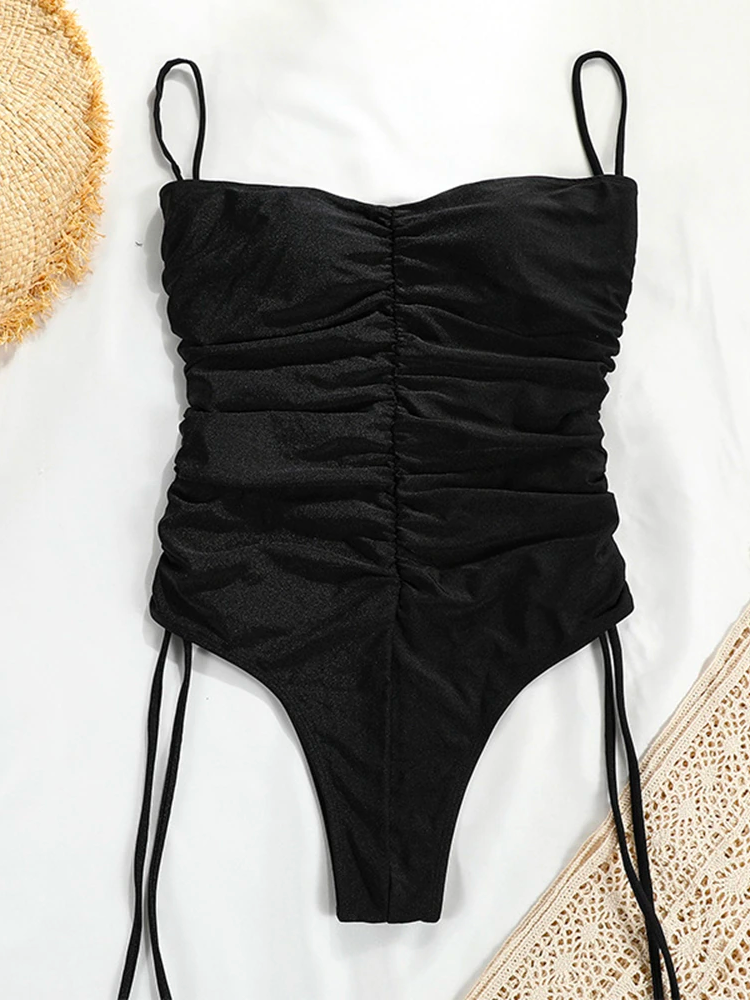 Lace Up Pleated One Piece Monokini Swimsuit