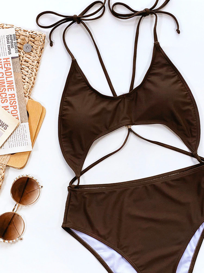 Brown Hollow Out One Piece Swimsuit