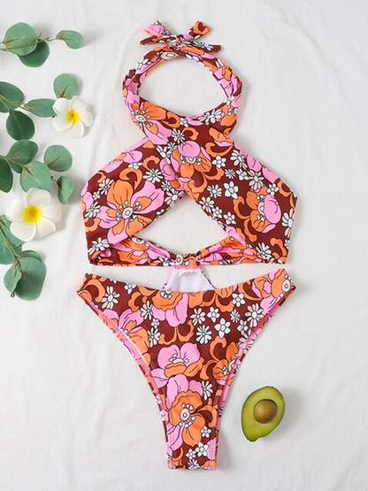 Printed Halter One Piece Swimsuit