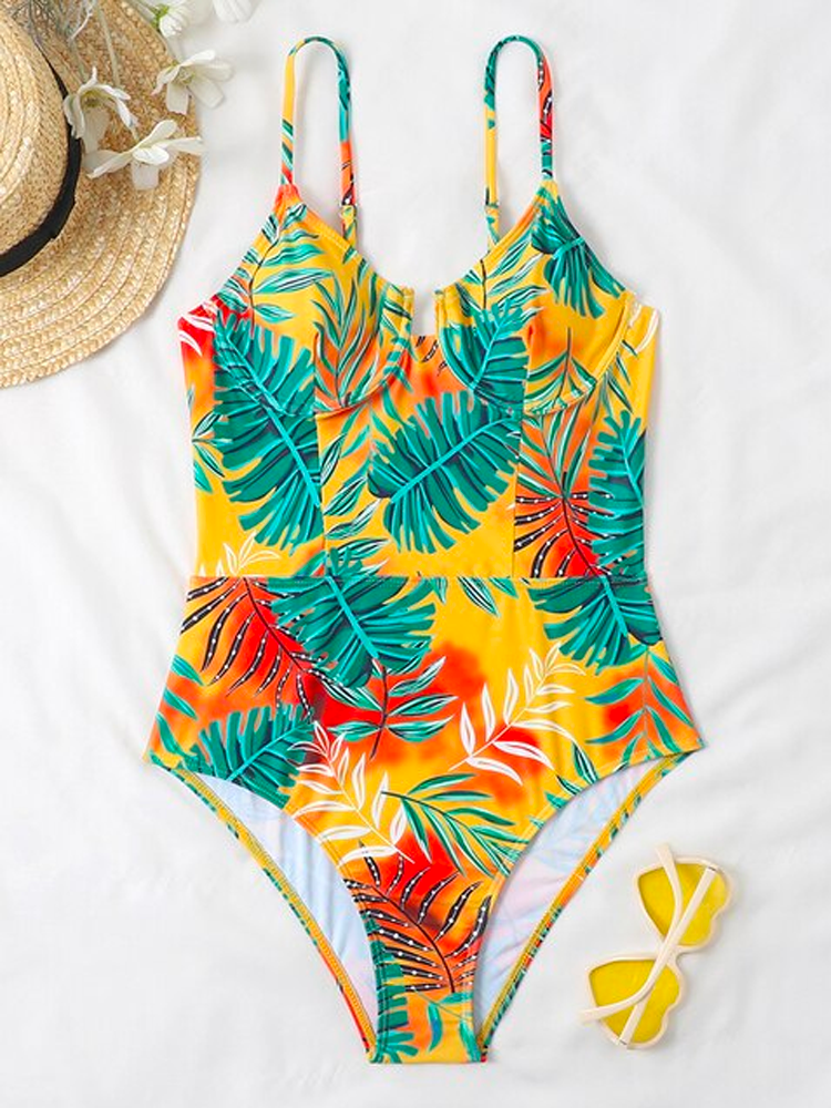 Leaf Print One Piece Swimsuit