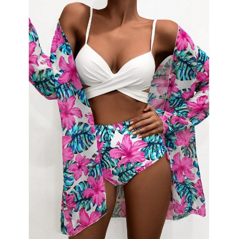 Tropical Three Pieces Printed Cover Up Bikini Set For Women