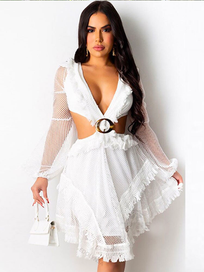 White Mesh Sleeves Summer Dress