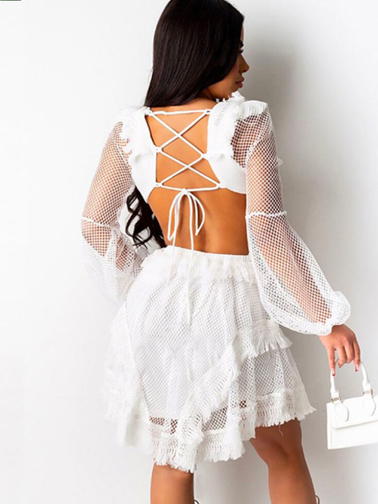 White Mesh Sleeves Summer Dress