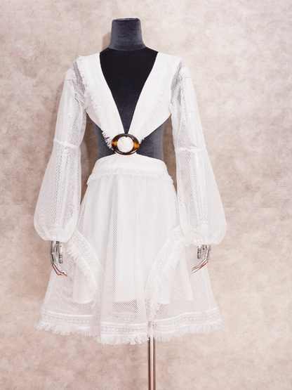 White Mesh Sleeves Summer Dress