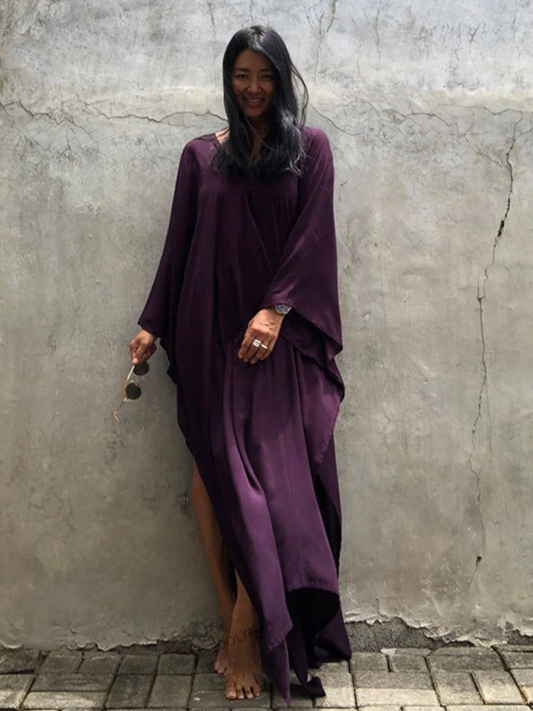 The Solid Color Long Kaftan |  V Neck Bathing Suit Cover up