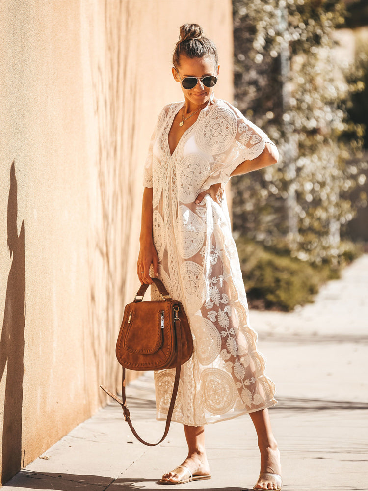 The Long White Kaftan | Embroidered Mesh Kaftan Beach Cover Up