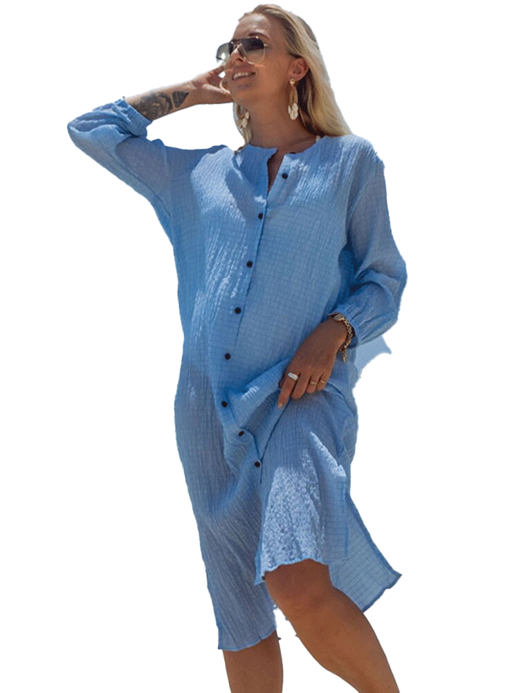 Solid Pleated Single-Breasted Beach Cover Up