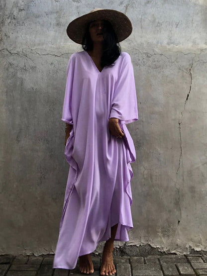 The Solid Color Long Kaftan |  V Neck Bathing Suit Cover up