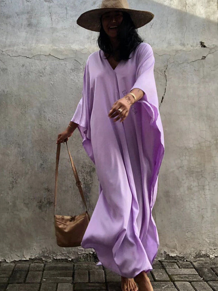 The Solid Color Long Kaftan |  V Neck Bathing Suit Cover up