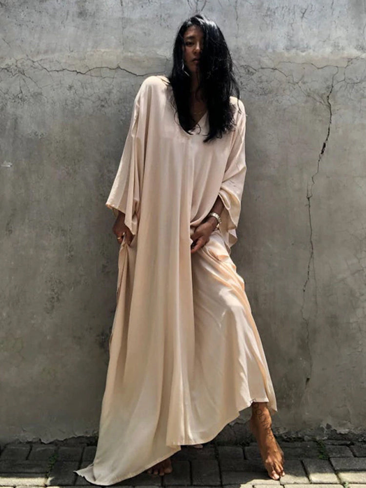 The Solid Color Long Kaftan |  V Neck Bathing Suit Cover up