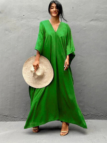 The Solid Color Long Kaftan |  V Neck Bathing Suit Cover up